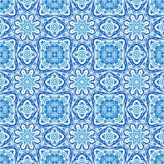 Blue white watercolor azulejos tile background. Seamless coastal geometric floral mosaic effect. Ornamental arabesque all over summer fashion damask repeat