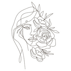 Wall Mural - Minimalist Floral and Botanical Woman Lineart Vector, Woman with Flowers Illustration