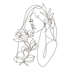 Wall Mural - Minimalist Floral and Botanical Woman Lineart Vector, Woman with Flowers Illustration
