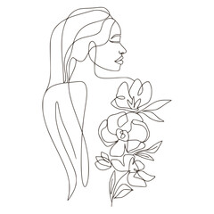Wall Mural - Minimalist Floral and Botanical Woman Lineart Vector, Woman with Flowers Illustration