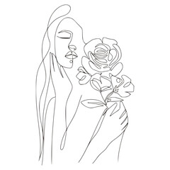 Wall Mural - Minimalist Floral and Botanical Woman Lineart Vector, Woman with Flowers Illustration