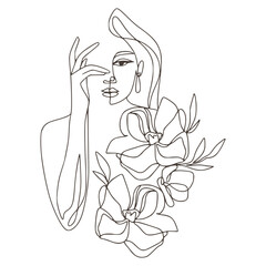 Wall Mural - Minimalist Floral and Botanical Woman Lineart Vector, Woman with Flowers Illustration
