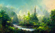 Leinwandbild Motiv tropical forest, jungle landscape, digital art background