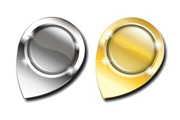 Gold and silver glossy map pins, with space for your text or image, against white background with shadow. EPS10 vector format