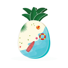 Sticker - Summer Pineapple concept with beach background and surfing board for summer holidays or travel concept with space for your message.