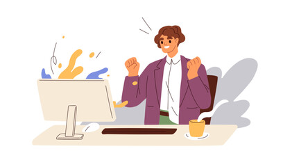 happy employee rejoicing victory, success at computer desk. office workers joy, luck at work. career