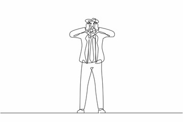 Poster - Single one line drawing businessman with round scribbles instead of a head. Confused thoughtful pensive male asking questions searching answers and trouble solution. Continuous line draw design vector