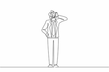 Poster - Continuous one line drawing businessman with round scribbles instead of a head. Doubting man standing and thinking, unsatisfied serious worrying human. Single line design vector graphic illustration