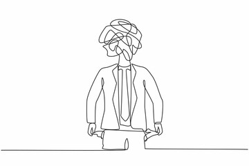 Poster - Single one line drawing businessman with round scribbles instead of a head. Worker with pockets turned outward, having no money. Broke person concept. Continuous line draw design vector illustration