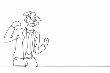 Poster - Single one line drawing businessman with round scribbles instead of head. Angry male manager in suit standing showing threatening gesture with clenched fist. Continuous line draw graphic design vector