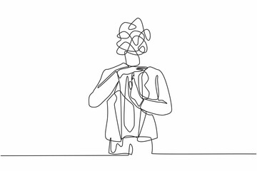 Poster - Single continuous line drawing businessman with round scribbles instead of head. Stop working, time break gesture, timeout signal. Pause. Nonverbal communication. One line draw graphic design vector