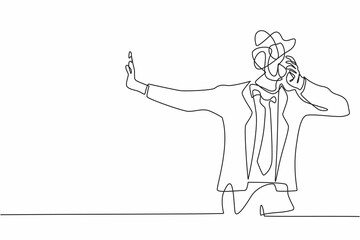 Poster - Continuous one line drawing businessman with round scribbles instead of head. Man stop gesture, male manager covering eyes with hand, sad, fear, expression. Single line draw design vector illustration