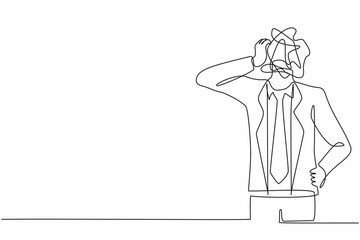 Poster - Single one line drawing businessman with round scribbles instead of a head. Doubting man. Memory and solution, searching and thinking concept. Continuous line draw design graphic vector illustration