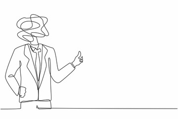 Poster - single continuous line drawing businessman with round scribbles instead of a head. male manager show