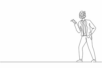 Poster - Continuous one line drawing businessman with round scribbles instead of head. Angry male arguing, conflicting. Quarrel, fight aggressive person. Blaming, criticizing. Single line draw design vector
