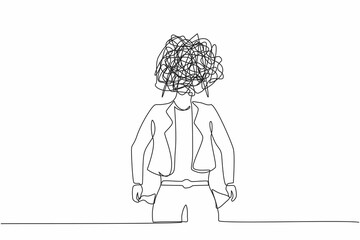 Poster - Single one line drawing businesswoman with round scribbles instead of a head. Worker with pockets turned outward, having no money. Broke person. Continuous line draw design graphic vector illustration