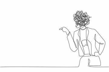 Poster - Single continuous line drawing businesswoman with round scribbles instead of head. Angry worker arguing, conflicting. Quarrel fight aggressive person. Female shouting. One line graphic design vector