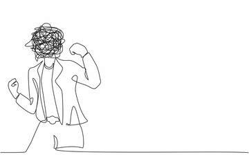 Poster - Continuous one line drawing businesswoman with round scribbles instead of head. Angry female in blazer standing showing threatening gesture with clenched fist. Single line draw design vector graphic