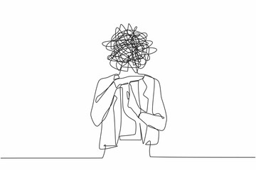 Poster - Single continuous line drawing businesswoman with round scribbles instead of head. Stop working, time break gesture, timeout signal. Pause. Nonverbal communication. One line draw graphic design vector