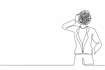 Poster - Continuous one line drawing businesswoman with round scribbles instead of a head. Doubting woman. Memory and solution, searching, thinking concept. Single line draw design vector graphic illustration