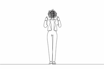 Poster - Single continuous line drawing businesswoman with round scribbles instead of head. Confused female manager standing and showing thumbs up positive gesture with hand. One line graphic design vector