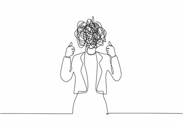 Poster - Continuous one line drawing businesswoman with round scribbles instead of a head. Confused female manager showing thumb up. Deal, like, agree, approve, accept. Single line draw design vector graphic