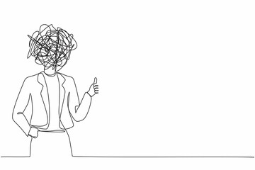 Poster - Single continuous line drawing businesswoman with round scribbles instead of a head. Female manager showing thumbs up sign. Deal, like, agree, approve, accept. One line draw design vector illustration