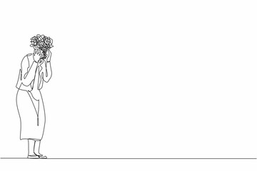 Poster - Single continuous line drawing businesswoman with round scribbles instead of head. Distressed worker hand on head gesture have overwork or deadline. Woman suffer headache. One line draw design vector
