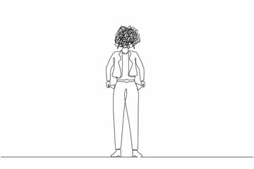 Poster - Single one line drawing businesswoman with round scribbles instead of head. Female manager with pockets turned outward, having no money. Bankrupt person. Continuous line draw design graphic vector