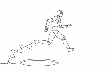 Poster - Continuous one line drawing robot jumping through the hole, metaphor to facing big problem. Humanoid robot cybernetic organism. Robotic development. Single line draw design vector graphic illustration