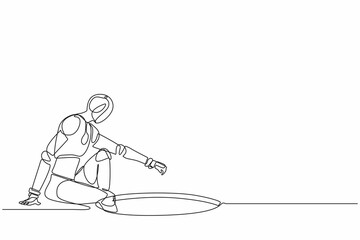 Poster - Single one line drawing robot descends into the hole. Future technology development. Artificial intelligence and machine learning processes. Modern continuous line design graphic vector illustration