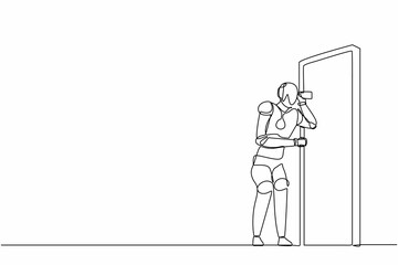 Poster - single continuous line drawing robot eavesdropping and listening to conversation at door. robotic ar
