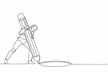 Poster - Continuous one line drawing robot making circle of holes with large pencil. Humanoid robot cybernetic organism. Future robotics development concept. Single line draw design vector graphic illustration