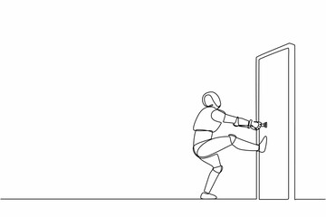 Poster - single one line drawing robot pulling closed door knob with power. future technology. artificial int