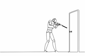 Poster - Single one line drawing robot pointing shotgun at doorknob. Future technology development. Artificial intelligence and machine learning process. Continuous line draw design graphic vector illustration