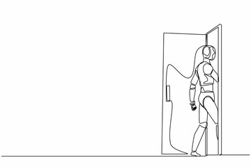 Poster - Single continuous line drawing robots walking enters the room through the door. Modern robotics artificial intelligence technology. Electronic technology industry. One line draw graphic design vector