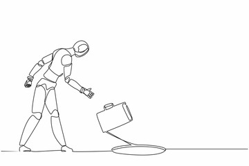Poster - Single one line drawing robot throws briefcase into hole. Future technology development. Artificial intelligence and machine learning processes. Continuous line draw design graphic vector illustration