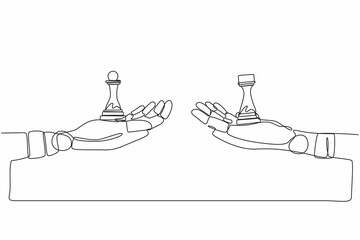 Poster - Single continuous line drawing robots hands with pawn and rook chess pieces. Modern robotics artificial intelligence technology. Electronic technology industry. One line draw graphic design vector