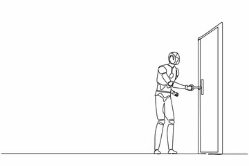 Poster - continuous one line drawing robots stands and inserts the key into the keyhole. humanoid robot cyber