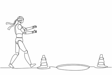 Poster - continuous one line drawing robot runs to business trap. blind investment. humanoid robot cybernetic