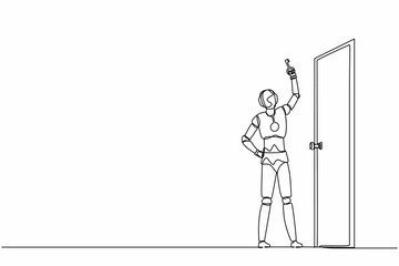 Poster - single one line drawing robot lifting up key in front of door. future technology development. artifi