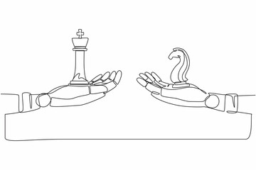 Poster - Single continuous line drawing robots hands with king and horse chess pieces. Modern robotics artificial intelligence technology. Electronic technology industry. One line draw graphic design vector