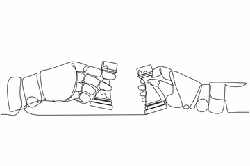Poster - Single one line drawing robot hands holding rook chess piece and the other hand too. Future technology. Artificial intelligence and machine learning process. Continuous line draw design graphic vector