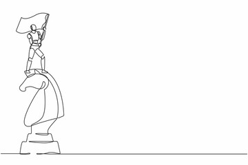 Poster - Continuous one line drawing robots riding big chess horse knight and holding flag. Humanoid robot cybernetic organism. Future robotics development concept. Single line draw design vector illustration
