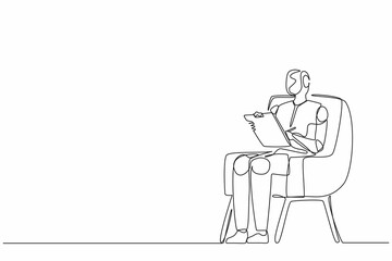 Poster - Single continuous line drawing robots sitting on chair and writing on clipboard. Modern robotics artificial intelligence technology. Electronic technology industry. One line draw graphic design vector