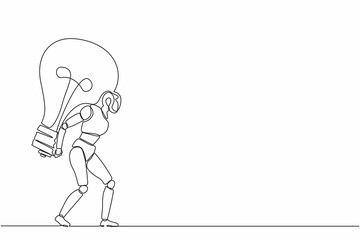 Poster - Single continuous line drawing robot carrying heavy big lightbulb. Future technology development. Artificial intelligence and machine learning process. One line draw graphic design vector illustration
