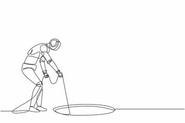 Poster - Continuous one line drawing robot stretch out rope into hole. Wondering, looking at hole. Humanoid robot cybernetic organism. Future robotic development. Single line draw design vector illustration