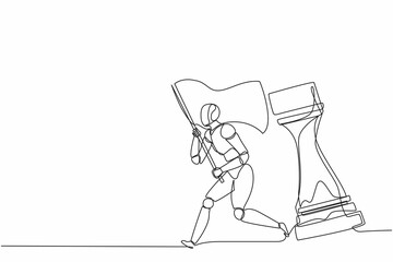 Poster - Continuous one line drawing robots running and holding flag beside big rook chess piece. Humanoid robot cybernetic organism. Future robotics development concept. Single line draw design vector graphic