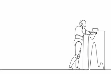 Poster - Single continuous line drawing robots standing and hugging huge briefcase. Humanoid robot cybernetic organism. Future robotics development concept. One line draw graphic design vector illustration