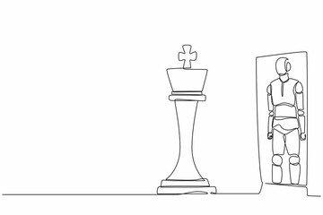 Poster - Single continuous line drawing robots standing in front of mirror, reflecting chess king. Modern robotics artificial intelligence. Electronic technology industry. One line draw graphic design vector